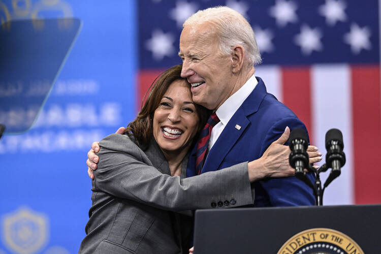 Vice President Kamala Harris embraces President Joe Biden after a speech on health care in Raleigh, N.C., on March 26, 2024. (AP Photo/Matt Kelley, File)