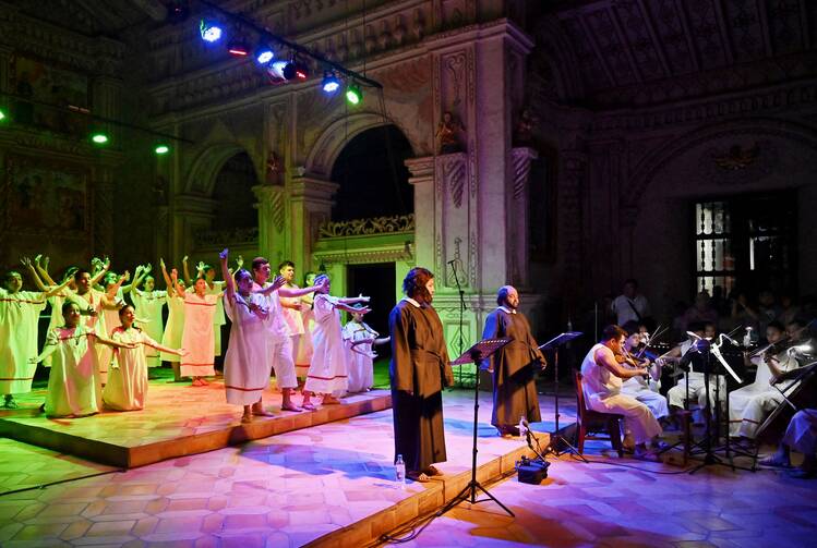 Members of Coro y Orquesta Misional San Xavier perform the opera “San Francisco Xavier” at the Church of San Xavier in the town of San Javier, Bolivia, on April 23. 2024.